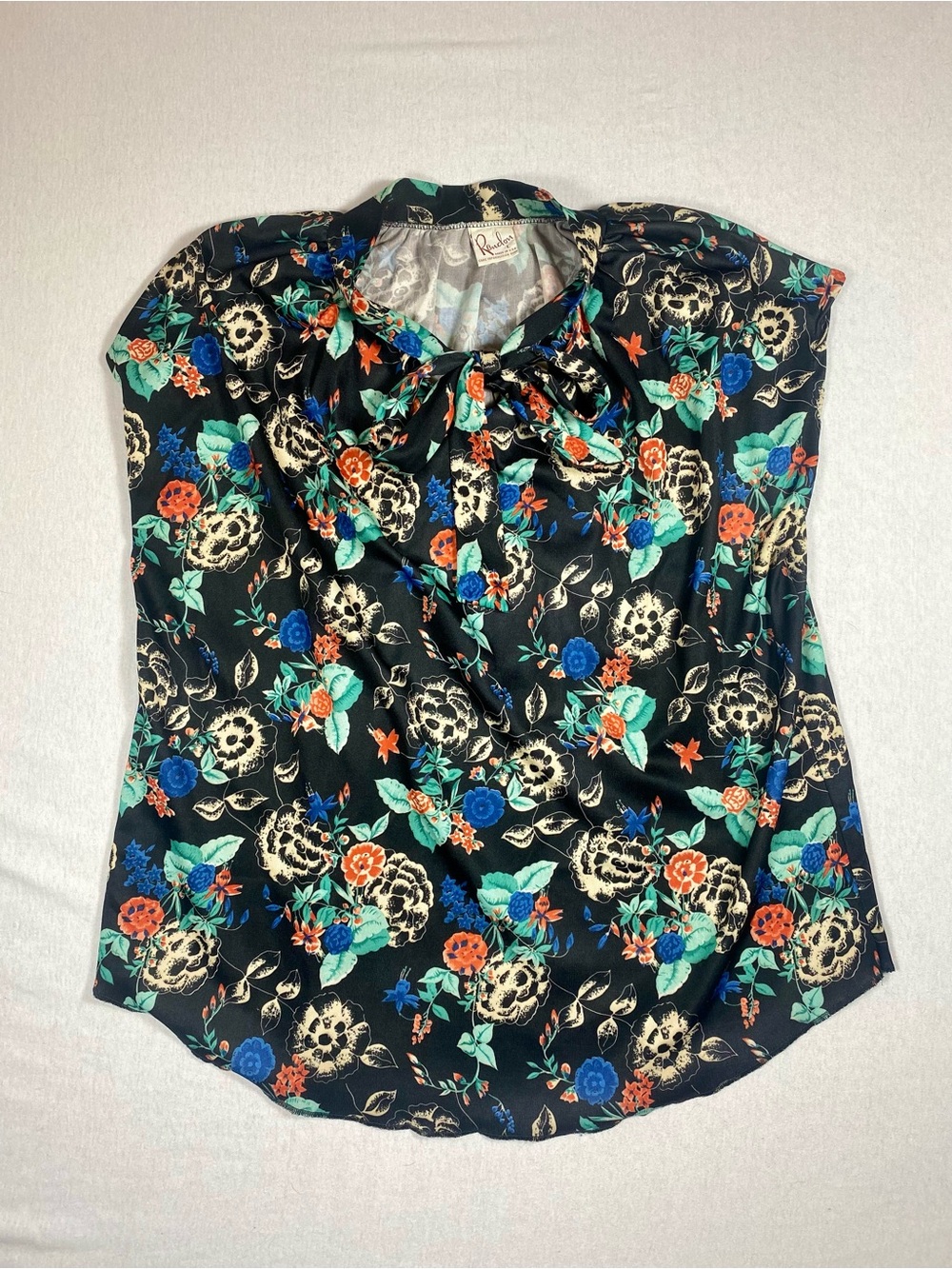 Vintage Randon Women’s Large Black + Blue Floral Tie Neck Blouse